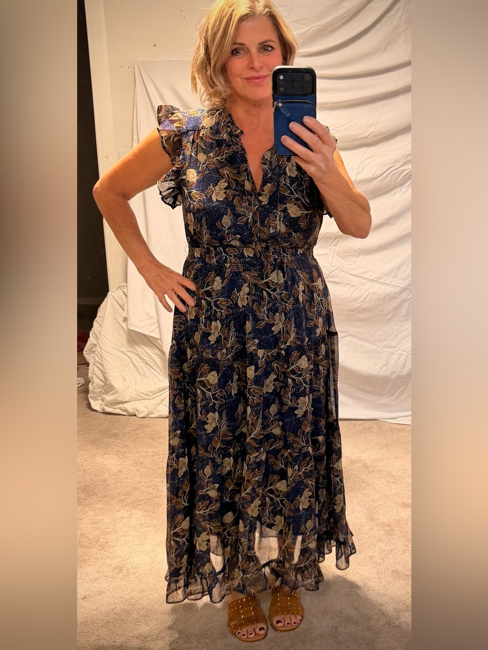 Floral Navy Ruffle Sleeve Midi Dress